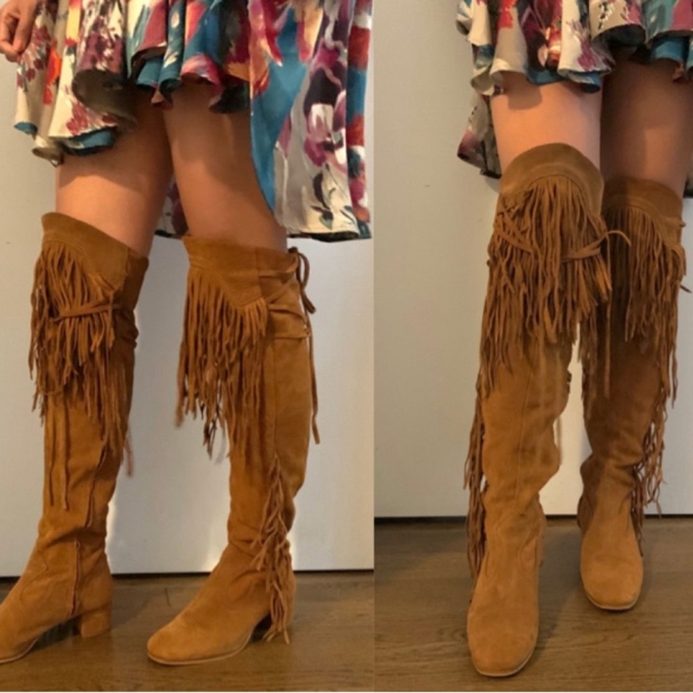 Zara Suede Boots Boho Fringe Leather over the knee